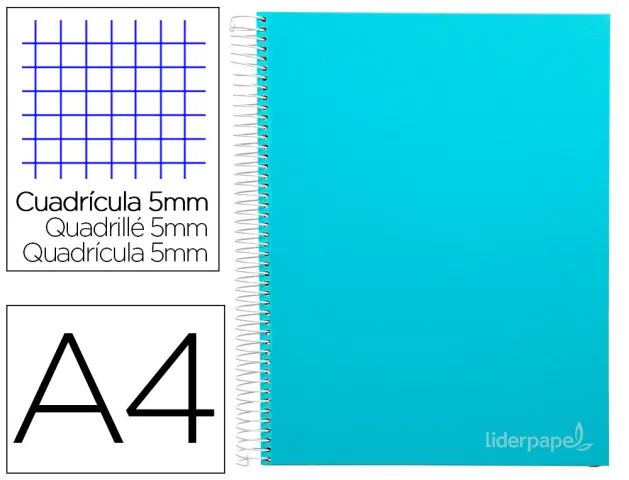 Imagen Cuaderno espiral liderpapel a4 micro jolly tapa forrada 140h 75 gr cuadro 5mm 5 bandas4 taladros color celeste