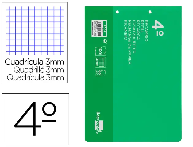 Imagen Recambio liderpapel cuarto apaisado 100 h 2tca-06 cuadro 3 mm 2 taladros con margen