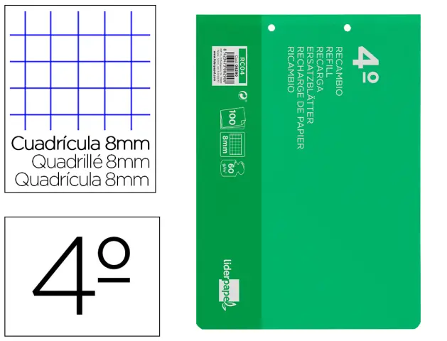 Imagen Recambio liderpapel cuarto apaisado 100 h 2tca-08 cuadro 8 mm 2 taladros con margen