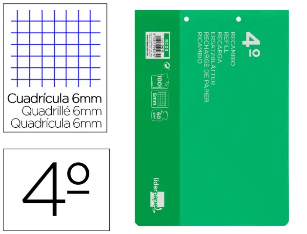 Imagen Recambio liderpapel cuarto apaisado 100 h 2tca-07 cuadro 6 mm 2 taladros con margen