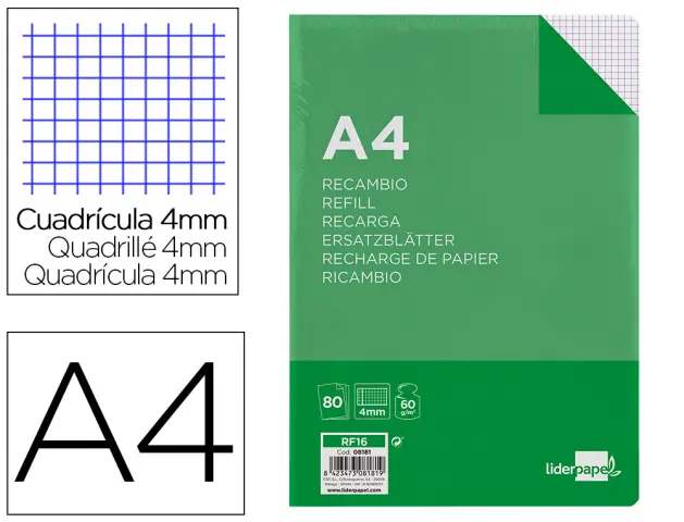 Imagen Recambio liderpapel folio 80 h 4tf-01-8 cuadro 4 mm 4 taladros con margen