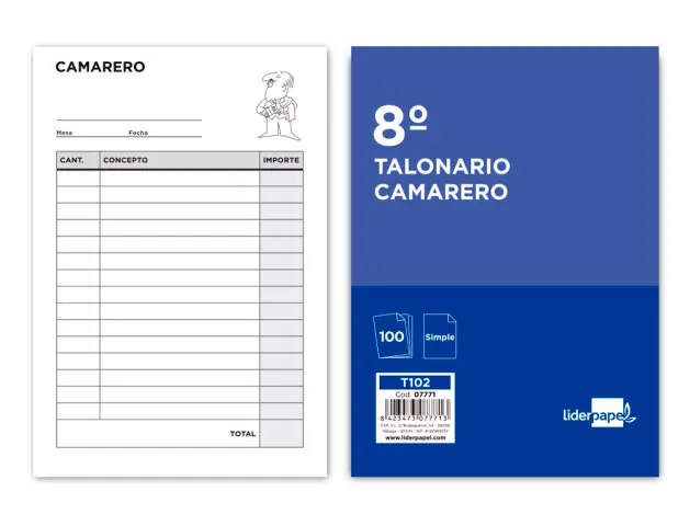 Imagen Talonario liderpapel camarero octavo -sin iva- 102