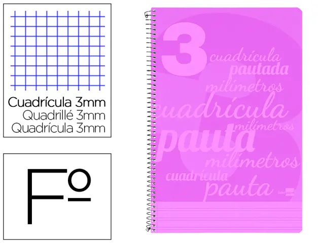 Imagen Cuaderno espiral liderpapel folio pautaguia tapa plastico 80h 80gr cuadro pautado 3mm con margen color violeta