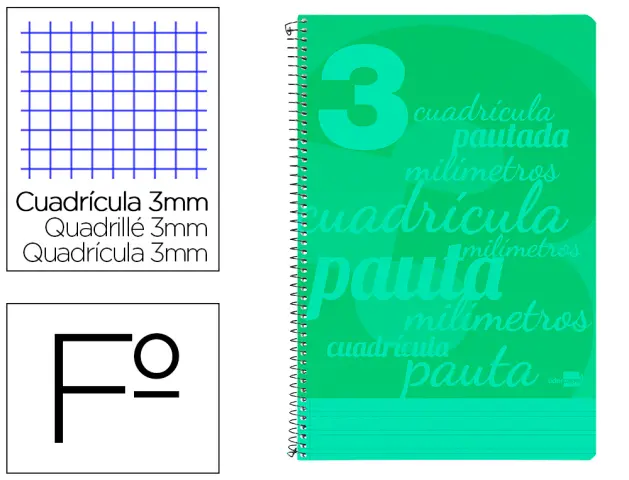 Imagen Cuaderno espiral liderpapel folio pautaguia tapa plastico 80h 80gr cuadro pautado 3mm con margen color verde