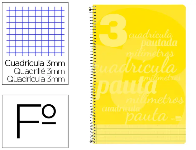 Imagen Cuaderno espiral liderpapel folio pautaguia tapa plastico 80h 80gr cuadro pautado 3mm con margen color amarillo