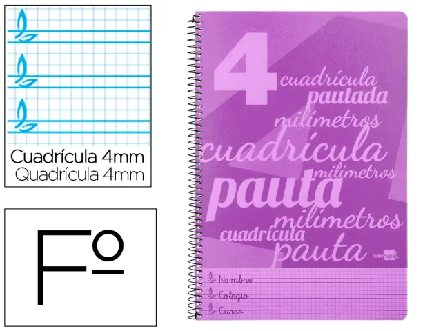 Imagen Cuaderno espiral liderpapel folio pautaguia tapa plastico 80h 80gr cuadro pautado 4mm con margen color violeta