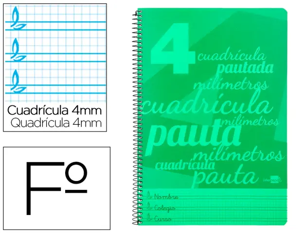 Imagen Cuaderno espiral liderpapel folio pautaguia tapa plastico 80h 80gr cuadro pautado 4mm con margen color verde