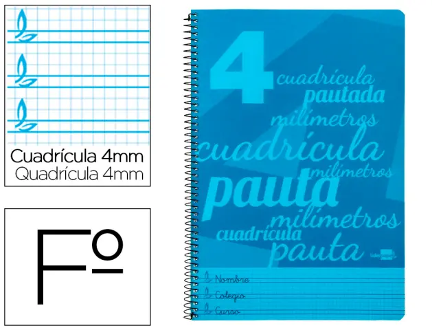 Imagen Cuaderno espiral liderpapel folio pautaguia tapa plastico 80h 80gr cuadro pautado 4mm con margen color azul