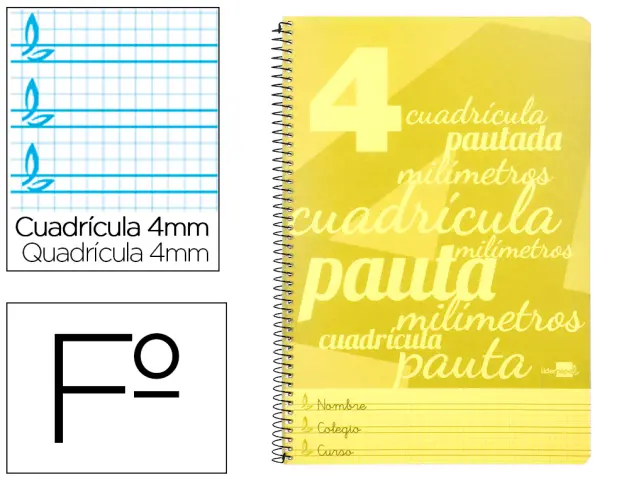 Imagen Cuaderno espiral liderpapel folio pautaguia tapa plastico 80h 80gr cuadro pautado 4mm con margen color amarillo
