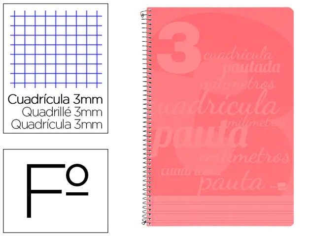 Imagen Cuaderno espiral liderpapel folio pautaguia tapa plastico 80h 80gr cuadro pautado 3mm con margen color rojo
