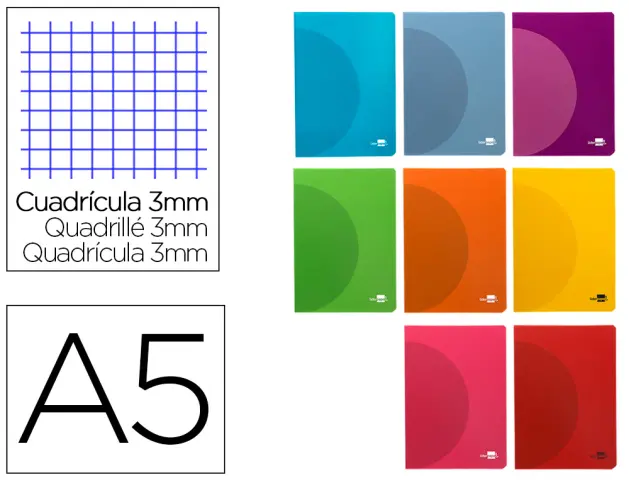 Imagen Libreta liderpapel 360 tapa de plastico a5 48 hojas 90g/m2 cuadro 3 mm con margen colores surtidos