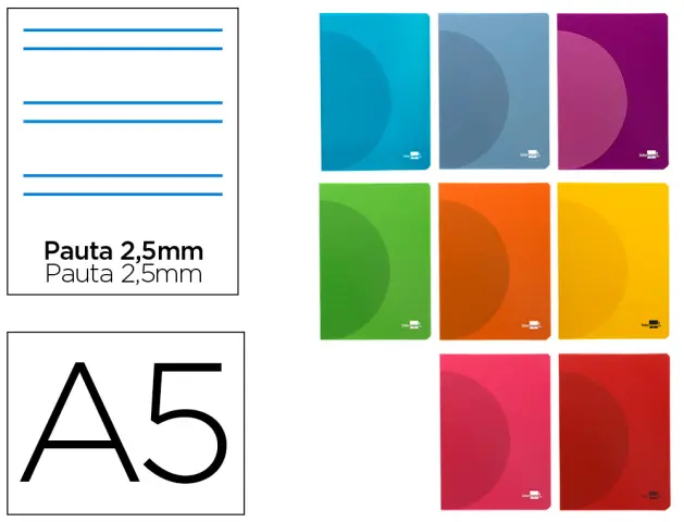 Imagen Libreta liderpapel 360 tapa de plastico a5 48 hojas 90g/m2 pauta 5 2,5mm con margen colores surtidos