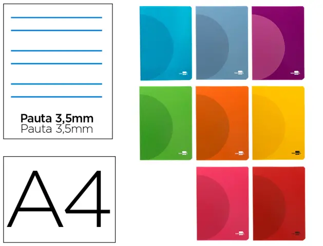 Imagen Libreta liderpapel 360 tapa de plastico a4 48 hojas 90g/m2 pauta 4 3,5mm con margen colores surtidos