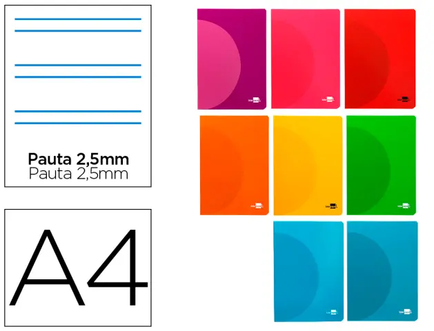 Imagen Libreta liderpapel 360 tapa de plastico a4 48 hojas 90g/m2 pauta 5 2,5mm con margen colores surtidos