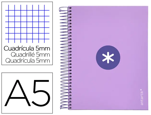 Imagen Cuaderno espiral liderpapel a5 micro antartik tapa forrada120h 100 gr cuadro 5mm 5 banda6 taladros color lavanda