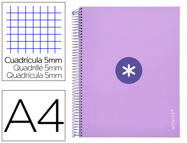 Imagen Cuaderno espiral liderpapel a4 micro antartik tapa forrada120h 100 gr cuadro 5mm 5 banda4 taladros color lila lavanda