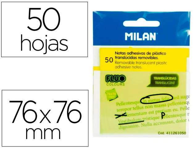 Imagen Bloc de notas adhesivas quita y pon milan 76x76 mm removible plastico translucido amarillo fluor 50