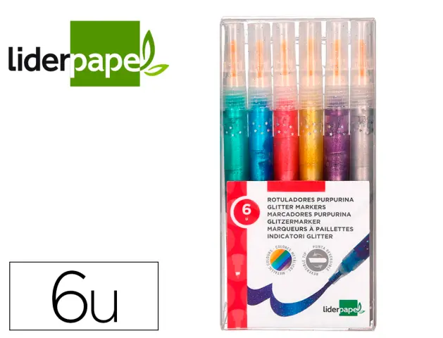 Imagen Rotulador liderpapel efecto purpurina metalizada punta reversible en colores surtidos caja de 6 unidades