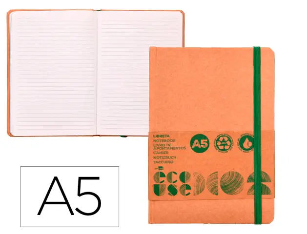 Imagen Libreta liderpapel ecouse 100% reciclada a5 96 hojas 70g/m2 horizontal con gomilla y marca paginas