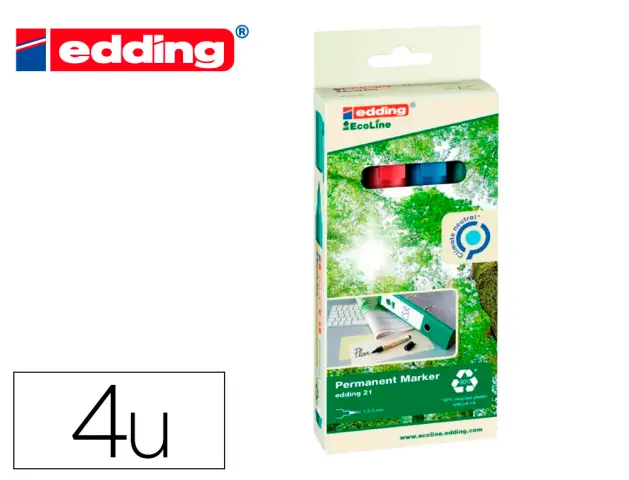 Imagen Rotulador edding 21 marcador permanente ecoline 90% reciclado bolsa 4 colores surtidos punta redonda 1,5-3