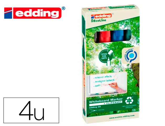 Imagen Rotulador edding 28 para pizarra blanca ecoline 90% reciclado bolsa 4 colores surtidos punta redonda 1,5-3