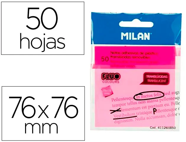Imagen Bloc de notas adhesivas quita y pon milan 76x76 mm removible plastico translucido rosa fluor 50