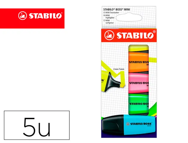 Imagen Rotulador stabilo boss mini estuche de 5 unidades amarillo/azul/naranja/rosa/ verde