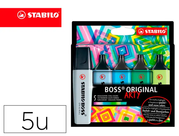Imagen Rotulador stabilo boss fluorescente 70 arty line colores frios estuche carton de 5 unidades colores