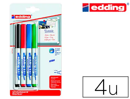 Imagen Rotulador edding para pizarra blanca 661 punta redonda 1-2 mm blister de 4 unidades colores surtidas recargable