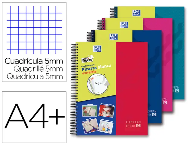 Imagen Cuaderno espiral oxford europeanbook 5 write&erase school classic din a4+ 120 hojas cuadro 5 mm con margen