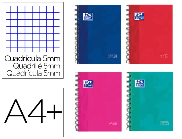 Imagen Cuaderno espiral oxford surt europeanbook 10 school classic tapa extradura din a4+ 150 hojas cuadro 5 mm con