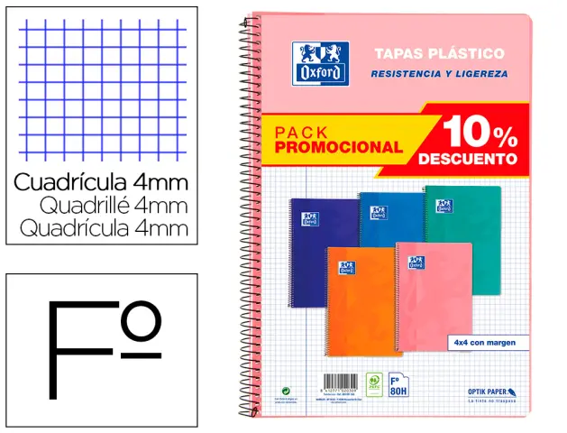 Imagen Cuaderno espiral oxford tapa plastico folio 80 hojas cuadro 4 mm pack 5 unidades colores tendecias