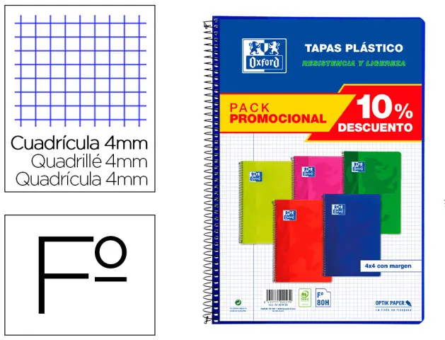 Imagen Cuaderno espiral oxford tapa plastico folio 80 hojas cuadro 4 mm pack 5 unidades colores vivos