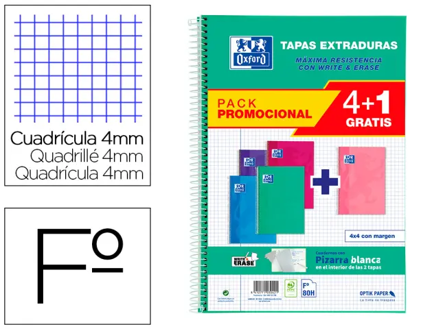 Imagen Cuaderno espiral oxford tapa extradura folio 80 hojas cuadro 4 mm write&erase pizarra pack 4+1 unidades