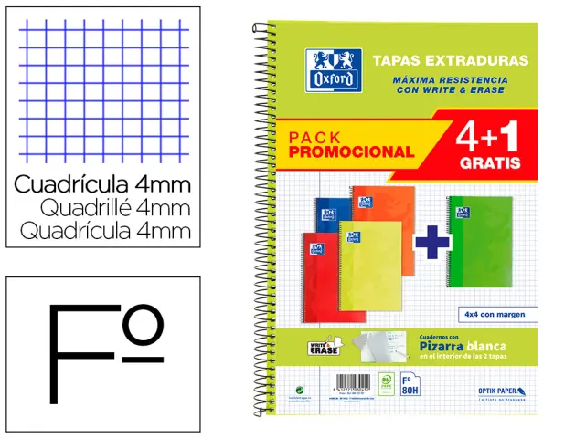 Imagen Cuaderno espiral oxford tapa extradura folio 80 hojas cuadro 4 mm write&erase pizarra pack 4+1 unidades