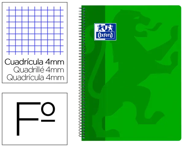 Imagen Cuaderno espiral oxford school classic tapa polipropileno folio 80 hojas cuadro 4 mm con margen verde