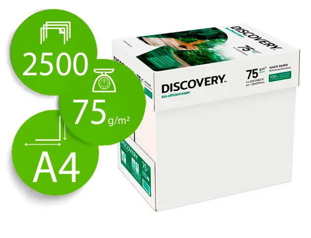 Imagen Papel fotocopiadora discovery fast pack din a4 75 gramos papel multiuso ink-jet y laser caja de 2500 hojas