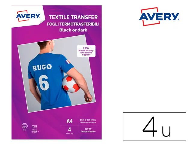 Imagen Papel transfer avery para camisetas algodon colores oscuros ink-jet din a4 pack de 4 hojas