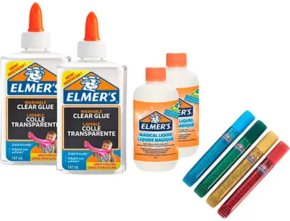 Imagen Kit elmers fabricacion slime con 2 botes cola transparente + 2 botes liquido magico + 4 botes purpurina colores