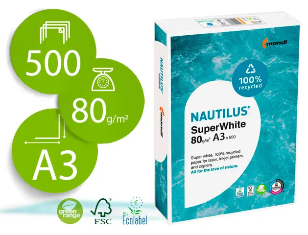 Imagen Papel fotocopiadora nautilus superwhite 100% reciclado din a3 80 gramos paquete de 500 hojas