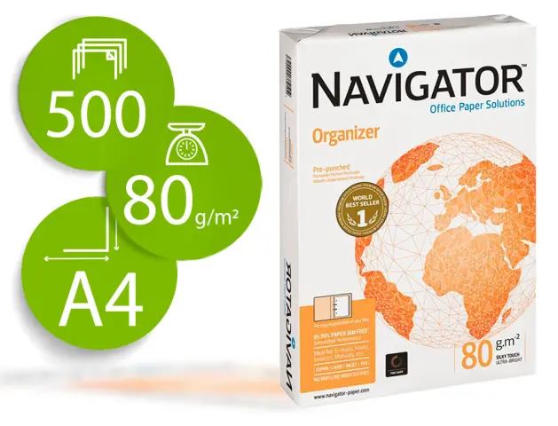 Imagen Papel fotocopiadora navigator din a4 80 gramos 2 taladros papel multiuso ink-jet y laser paquete de 500 hojas