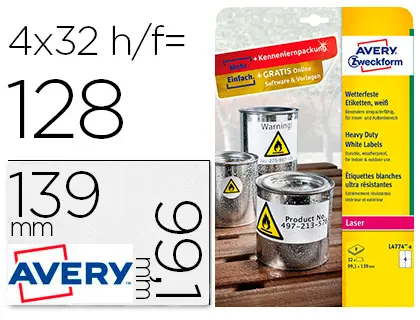 Imagen Etiqueta adhesiva avery poliester blanco 99,1x139 mm para impresora laser pack de 32 unidades