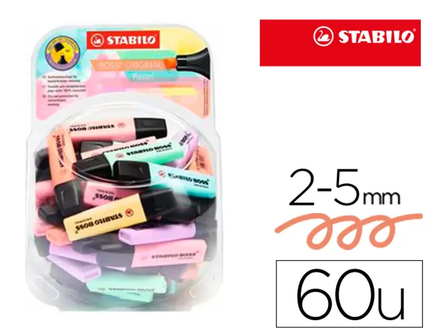 Imagen Rotulador stabilo boss fluorescente 70 pastel expositor bombonera de 60 unidades colores surtidos