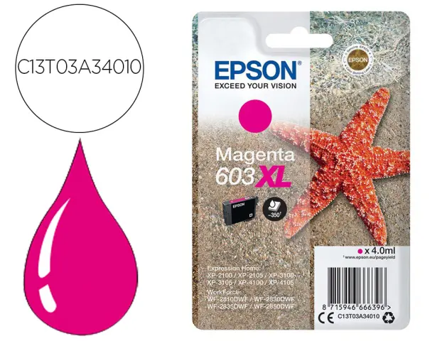 Imagen Ink-jet epson 603xl xp-2100 / 2105 / 3100 / 4100 / wf-2810 / 2830 / 2835 / 2850 magenta 350 paginas