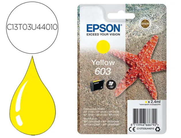 Imagen Ink-jet epson 603 xp-2100 / 2105 / 3100 / 4100 / wf-2810 / 2830 / 2835 / 2850 amarillo 130 paginas