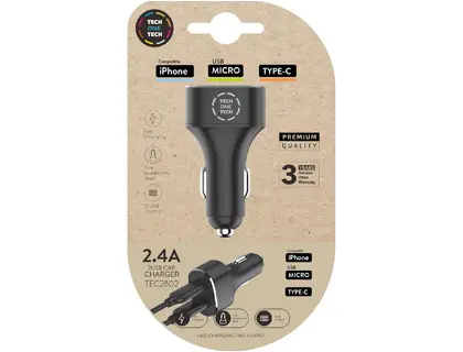 Imagen Cargador tech one tech 2.4 coche mechero doble para iphone / usb micro / type-c color negro