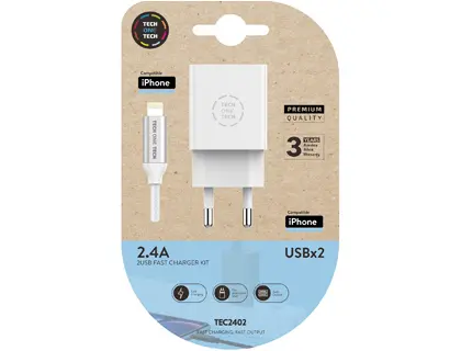 Imagen Cargador tech one tech 2.4 doble usb + cable braided nylon micro usb apple longitud 1 mt color blanco