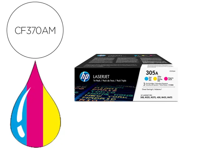 Imagen Toner hp 305a laserjet pro 300 / m351 / 400 / m451 / mfp m375 / mfp m475 pack color amarillo cian magenta 2600