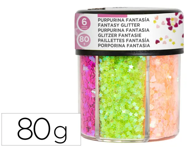 Imagen Purpurina fantasia liderpapel corazon y estrella colores neon bote de 80gr