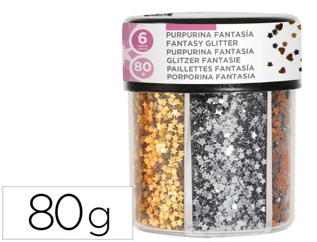 Imagen Purpurina fantasia liderpapel corazon y estrella color oro y plata bote de 80gr